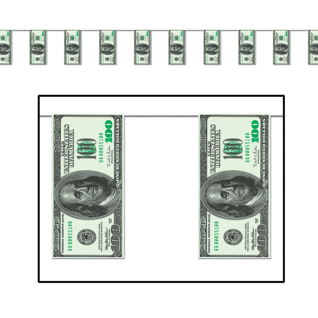 Party Central Club Pack of 12 Green and Black Hundred Dollar Bills Party Pennant Banner Decors 12'